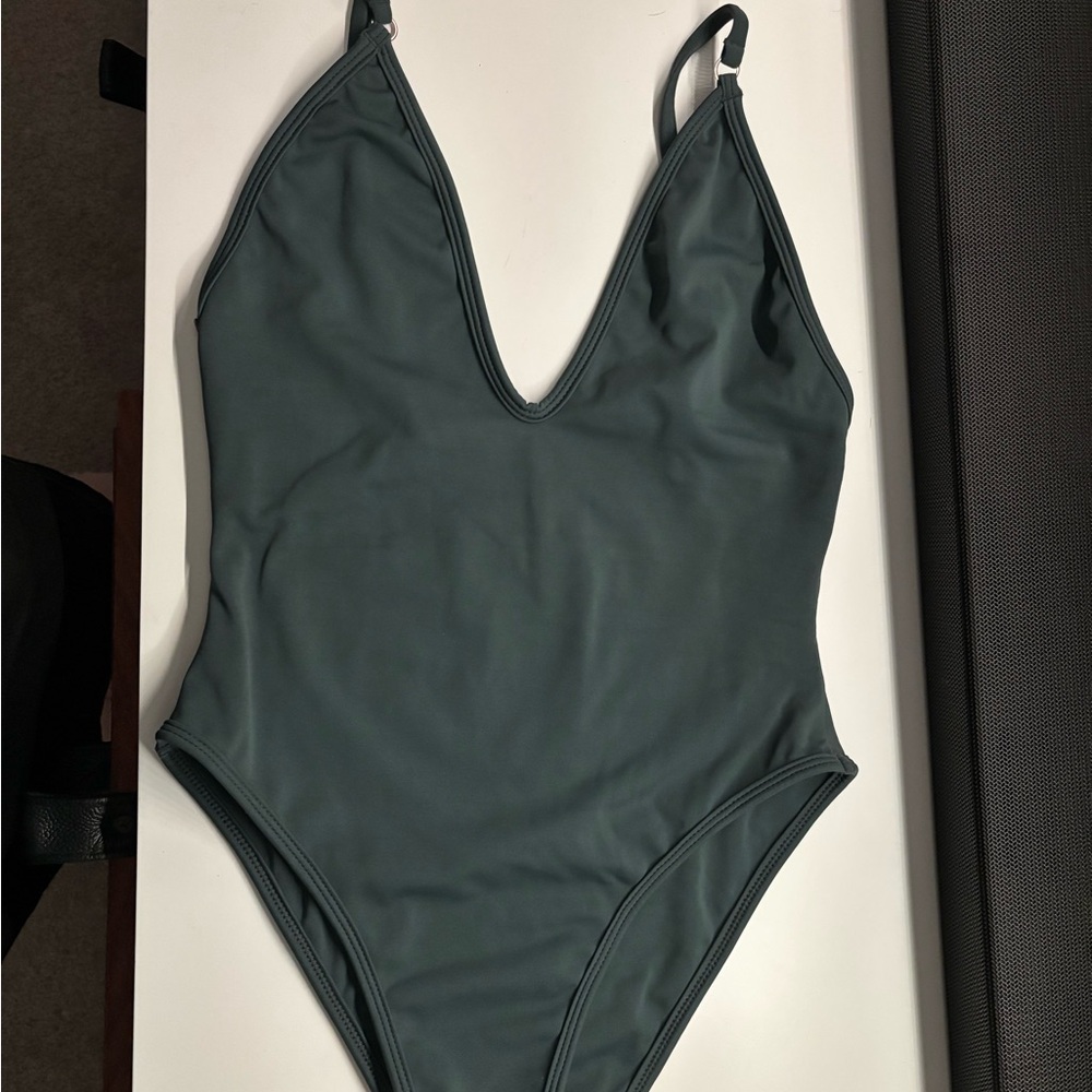 Classic V-Neck One-Piece Swimsuit - Slate Green